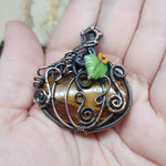 Halloween Harvest Carnelian Agate Petrified Wood Pumpkin Pendant in Copper