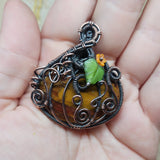 Halloween Harvest Carnelian Agate Petrified Wood Pumpkin Pendant in Copper