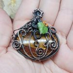 Halloween Harvest Carnelian Agate Petrified Wood Pumpkin Pendant in Copper