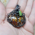 Halloween Harvest Carnelian Agate Petrified Wood Pumpkin Pendant in Copper