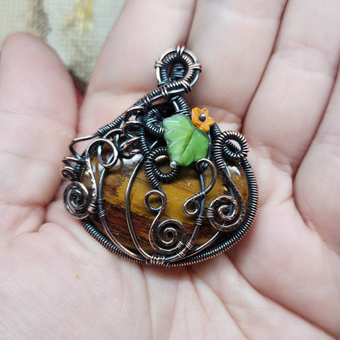 Halloween Harvest Carnelian Agate Petrified Wood Pumpkin Pendant in Copper