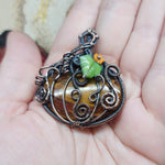 Halloween Harvest Carnelian Agate Petrified Wood Pumpkin Pendant in Copper