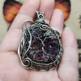 Purple Amethyst Crystal Tree of Life Pendant Necklace in Sterling Silver with Green Chrysoprase Star