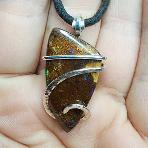 Australian Boulder Opal Pendant in Sterling Silver - Large Abstract