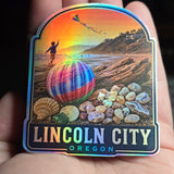 Hand designed graphic holographic sticker featuring Lincoln City Oregon beaches