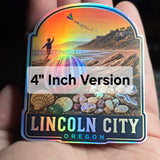 Hand designed graphic holographic sticker featuring Lincoln City Oregon beaches