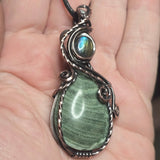Lavendite and blue-flash labradorite pendant with handcrafted antiqued copper wire wrap.