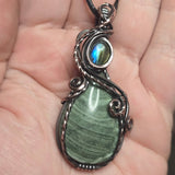 Lavendite and blue-flash labradorite pendant with handcrafted antiqued copper wire wrap.