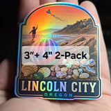 Hand designed graphic holographic sticker featuring Lincoln City Oregon beaches