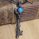 Blue Moonstone Antique Skeleton Key Pendant - Recycled Copper Wire Wrap