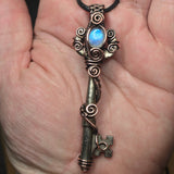 Blue Moonstone Antique Skeleton Key Pendant - Recycled Copper Wire Wrap