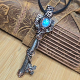 Blue Moonstone Antique Skeleton Key Pendant - Recycled Copper Wire Wrap