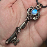 Blue Moonstone Antique Skeleton Key Pendant - Recycled Copper Wire Wrap
