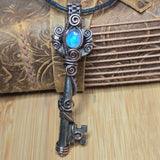 Blue Moonstone Antique Skeleton Key Pendant - Recycled Copper Wire Wrap