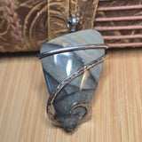 Blue Green grey stone pendant held between two fingers against a natural background. 