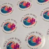 Stickers with colorful design and text on a white background