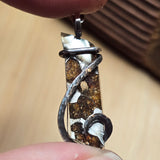 Close-up of a silver and brown pendant held between fingers with a blurred background