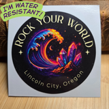 Sticker with colorful design and text 'Rock Your World' on a white background