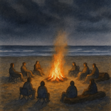 People gathered around a campfire on a beach at night