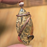 Fossil palm wood root pendant with copper wire wrapping held between fingers against a blurred background