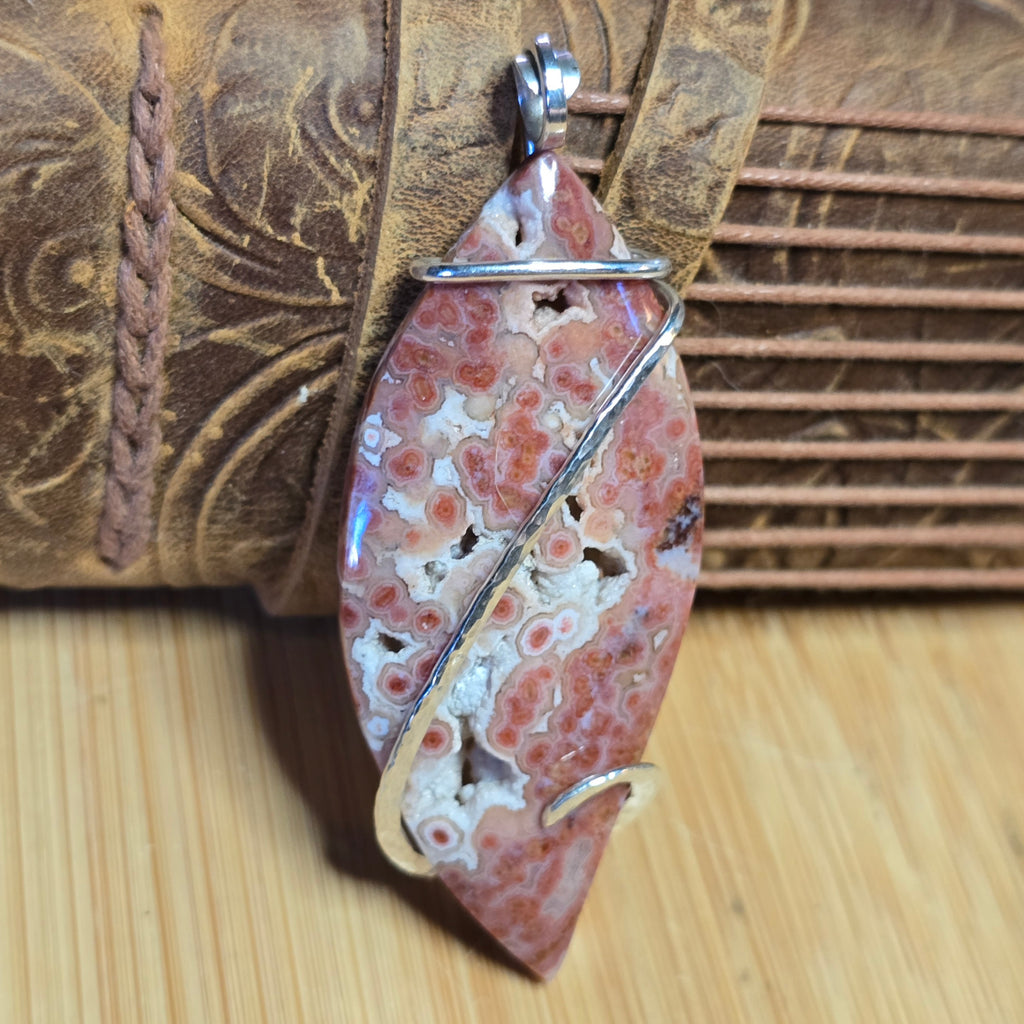 Red Orbicular River Jasper Pendant | Abstract Hammered Sterling