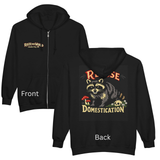 Black hoodie with raccoon graphic and text on front and back