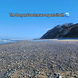 Beach with rocky shore and cliffs under a clear blue sky, with text overlay.