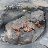 Mineral sample on a rock with text about volcanoes, pressure, time, and pyrite.