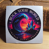Circular sticker with abstract design and text on a white background