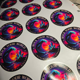 Sticker with colorful design and text on a white background