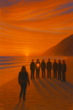 Group of people standing in a desert with an orange sky and a person approaching them.