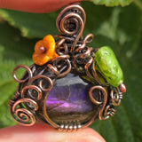 Purple Labradorite Wire Wrapped Pumpkin Pendant - Antiqued Copper Czech Glass