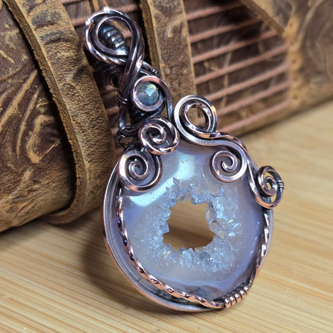 Purple Agate Geode Pendant – Quartz Crystal Portal in Antiqued Copper