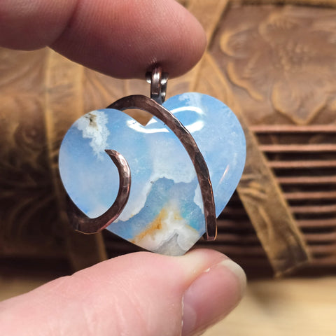 White Sky Plume Agate Heart Pendant – Recycled Copper