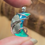 Marcasite Plume Agate Moon Pendant – Sterling Silver + Green Aurora Opal