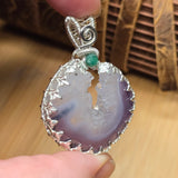 Purple Banded Agate Geode Pendant – Sterling Silver with Emerald Accent - Rock Your World 