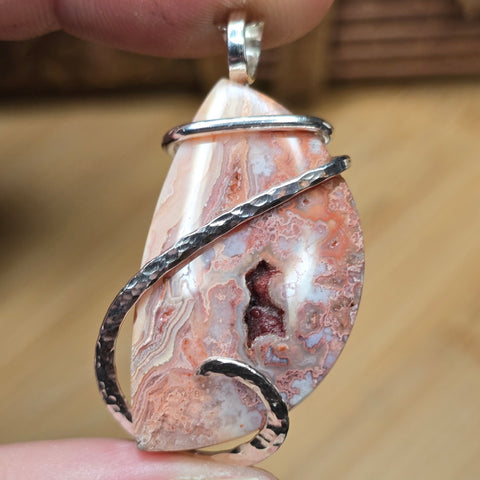 Crazy Lace Agate Pendant – Rosy Canyon with Crystal Cave in Sterling Silver