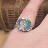 Aurora Opal Ring Size 9 – Sterling Silver Carved Doublet