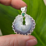 Purple Banded Agate Geode Pendant – Sterling Silver with Emerald Accent - Rock Your World 
