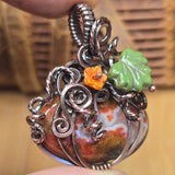 Moroccan Seam Agate Pumpkin Pendant - Copper Wire Wrap Setting