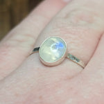 Moonstone Ring sz 11 – Golden + Ice Blue Flash Sterling Silver