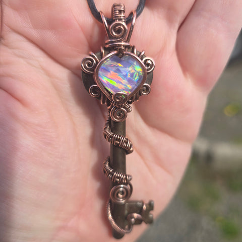 Skeleton Key with Rainbow Heart Aurora Opal Doublet Wire Wrapped Pendant