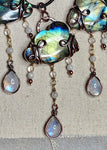 "Oregon Coast Rain" Labradorite Cloud with Rainbow Moonstone Raindrop Pendant - Storm Size