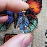 Carved Blue Aquamarine Leaf Wire Wrapped Pendant in 14kt Yellow Gold Fill