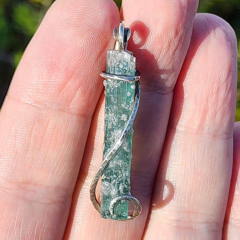 Raw Blue Tourmaline Crystal Pendant in Sterling Silver