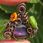Purple Labradorite Wire Wrapped Pumpkin Pendant - Antiqued Copper Czech Glass