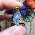 Carved Blue Aquamarine Leaf Wire Wrapped Pendant in 14kt Yellow Gold Fill
