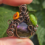 Purple Labradorite Wire Wrapped Pumpkin Pendant - Antiqued Copper Czech Glass
