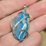 White Plume Agate Pendant – Sterling Silver + Teal Aurora Opal