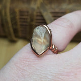 Raw Oregon Sunstone Crystal Ring Sz 7.5 in Hammered Copper